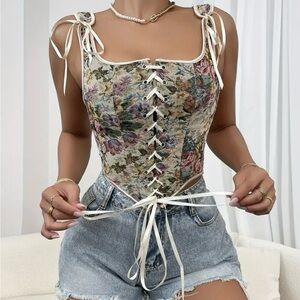 Floral Lace-Up Corset Blouse